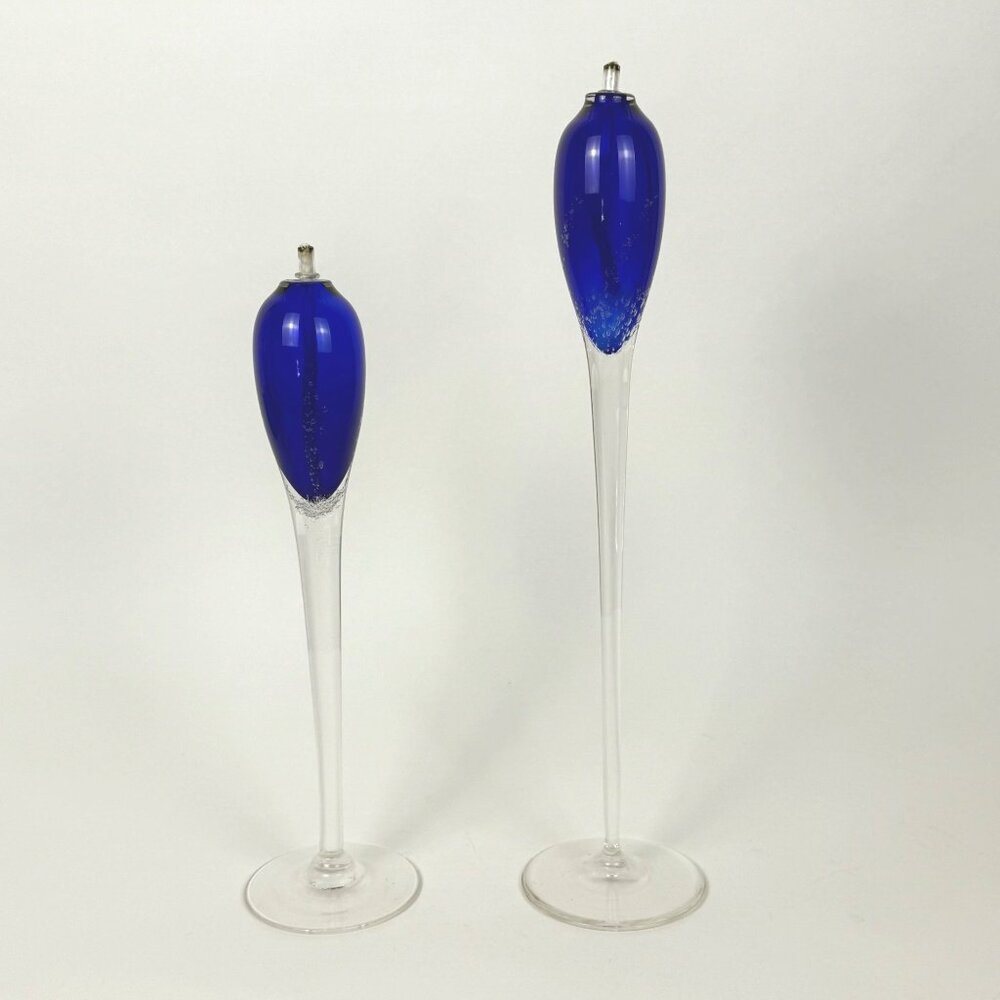 Signed Pair of Buzz Blodgett Art Glass Starlite Oil Candles Cobalt 2002